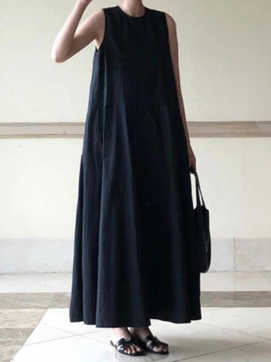 Handmade black linen dresses o neck sleeveless cotton robes summer Dresses