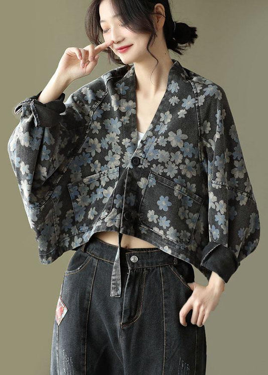 Handmade Floral Pocket Denim Black Long Sleeve Cropped Coats