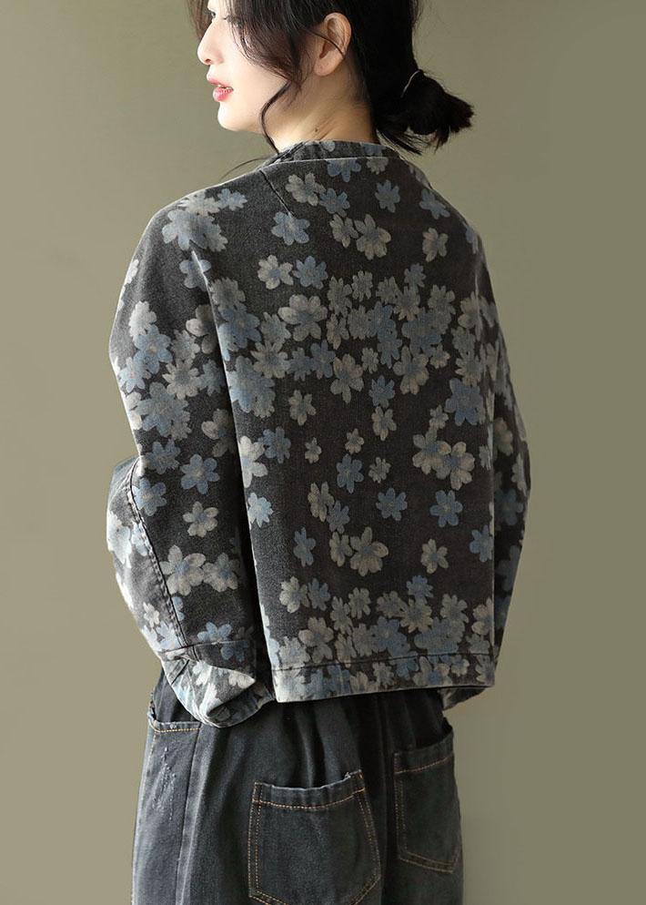 Handmade Floral Pocket Denim Black Long Sleeve Cropped Coats