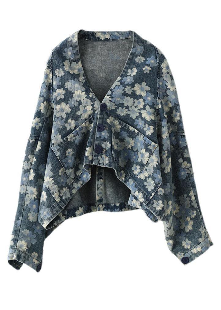 Handmade Floral Pocket Denim Black Long Sleeve Cropped Coats