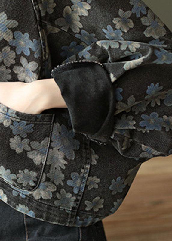 Handmade Floral Pocket Denim Black Long Sleeve Cropped Coats