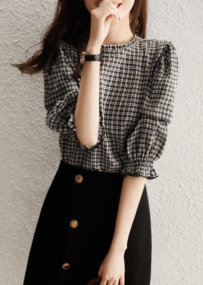 Black Handmade Plaid Ruffle Patch Cotton Top Spring