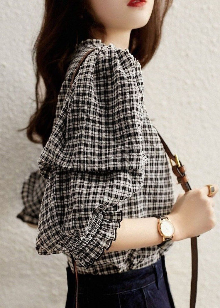 Black Handmade Plaid Ruffle Patch Cotton Top Spring