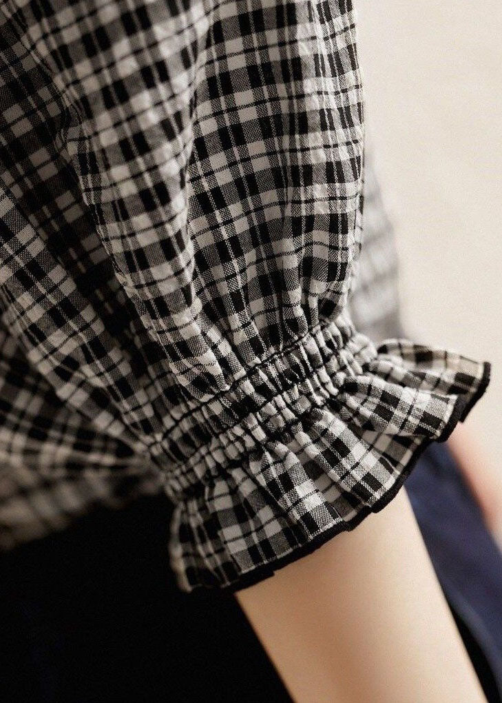 Black Handmade Plaid Ruffle Patch Cotton Top Spring