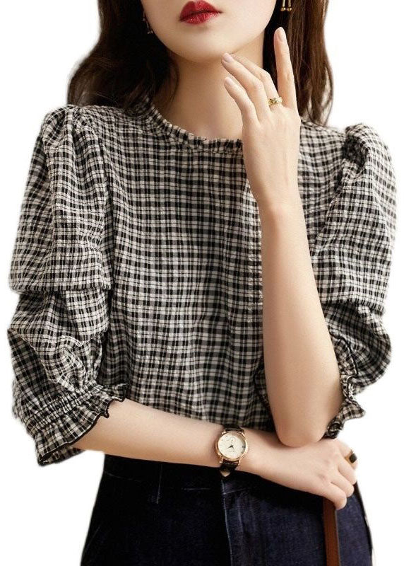 Black Handmade Plaid Ruffle Patch Cotton Top Spring