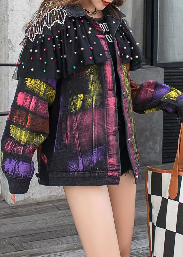 Handmade Black Patchwork Ruffled Nail Bead Denim Coat Spring