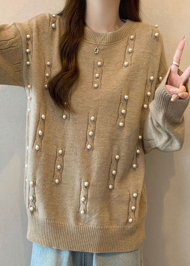 Handmade Khaki Oversized Nail Bead Knit Sweater Tops Fall