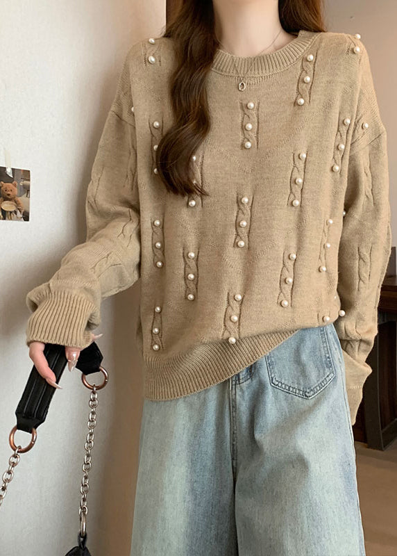 Handmade Khaki Oversized Nail Bead Knit Sweater Tops Fall