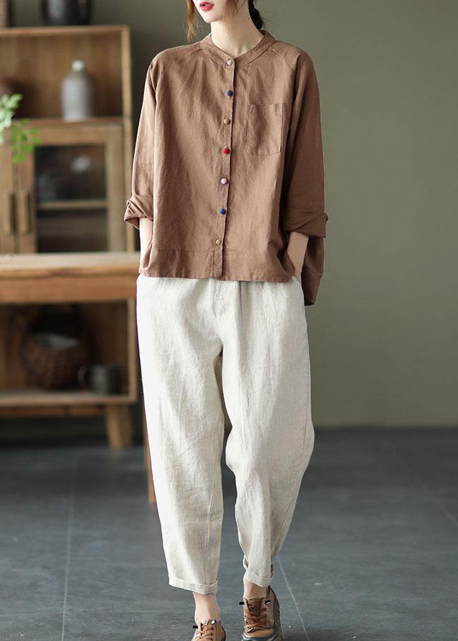 Handmade Khaki Retro O-Neck Button Fall Top Long Sleeve