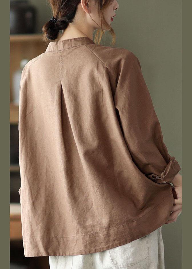 Handmade Khaki Retro O-Neck Button Fall Top Long Sleeve