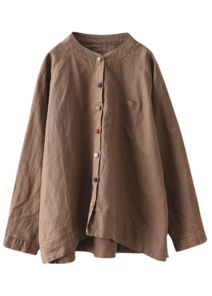 Handmade Khaki Retro O-Neck Button Fall Top Long Sleeve