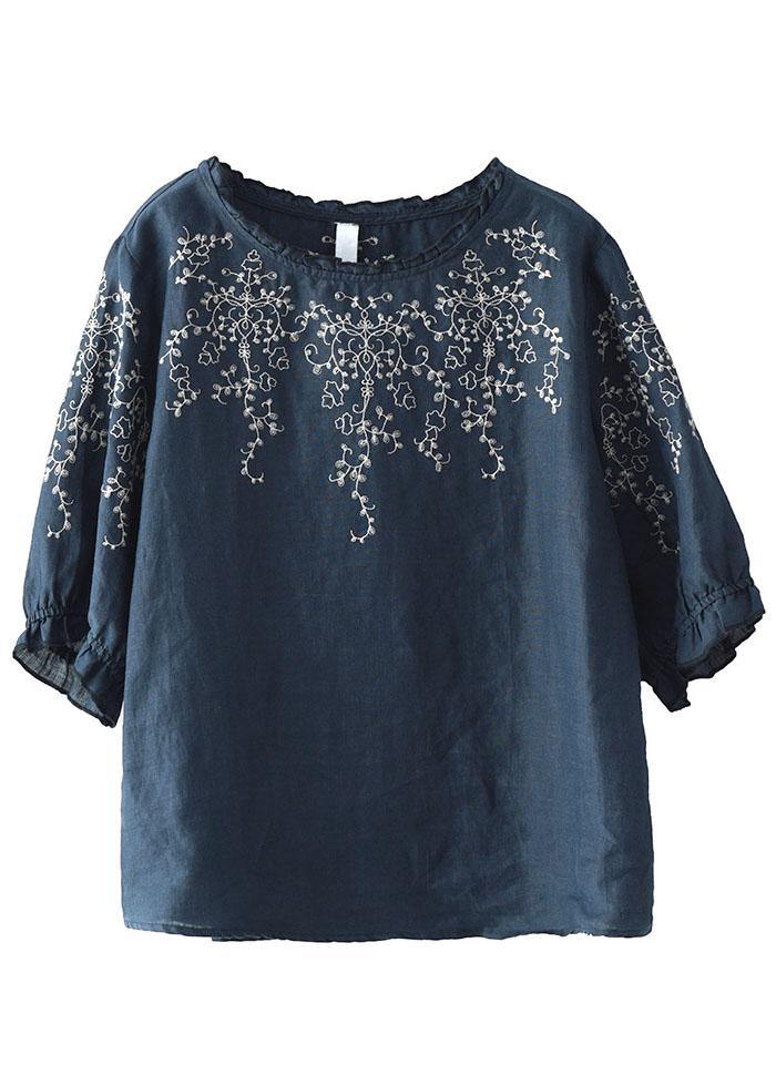 Navy lantern Sleeve O-Neck Hand Embroidered Summer Ramie Blouses