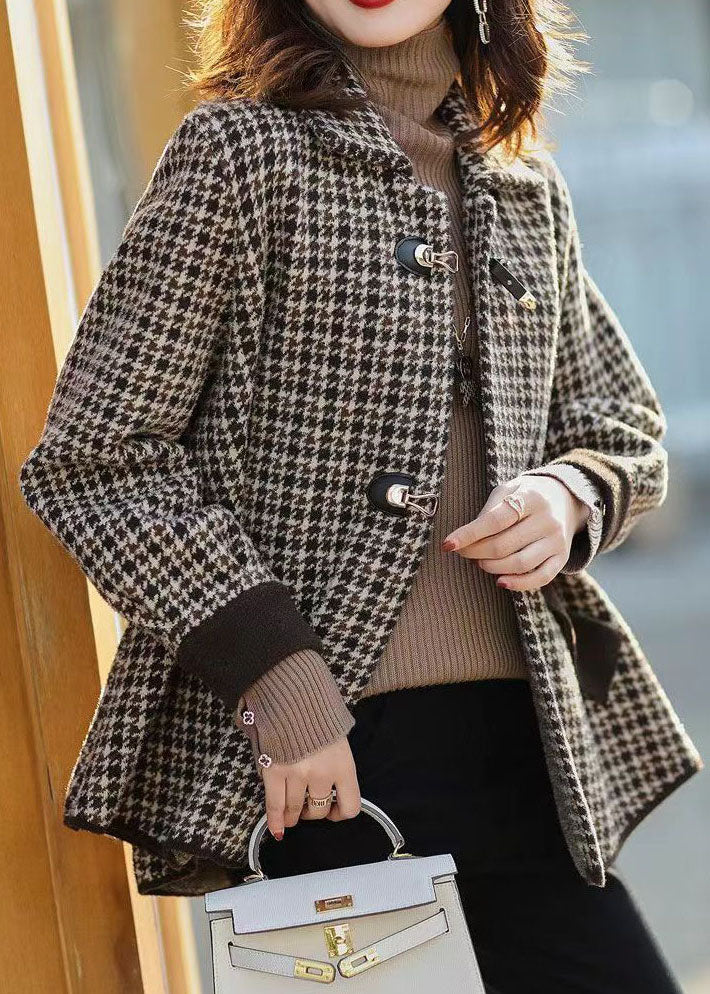 Handmade Plaid Peter Pan Collar Pockets Patchwork Woolen Coats Fall