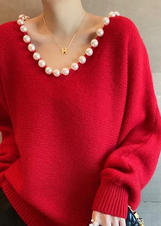 Handmade Red V Neck Nail Bead Thick Knit Sweaters Fall