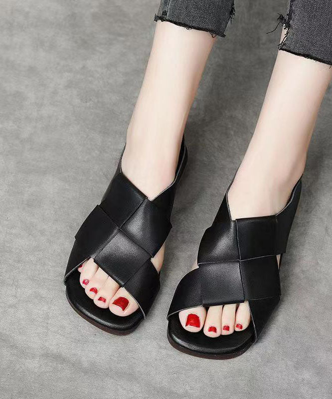 Handmade Splicing Walking Sandals Black Cowhide Leather Peep Toe