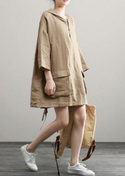 Handmade Summer Khaki Linen Dresses Hoodie Dress