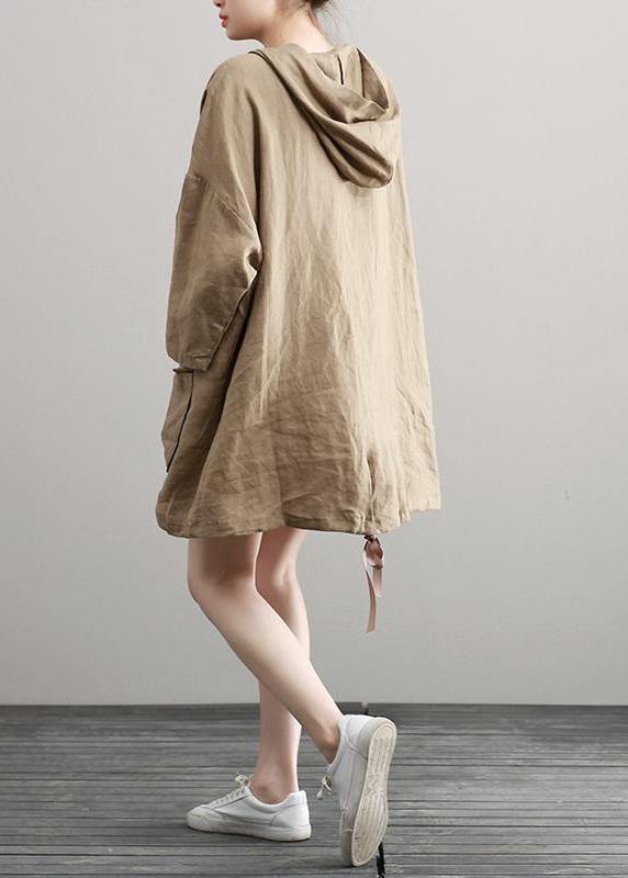 Handmade Summer Khaki Linen Dresses Hoodie Dress