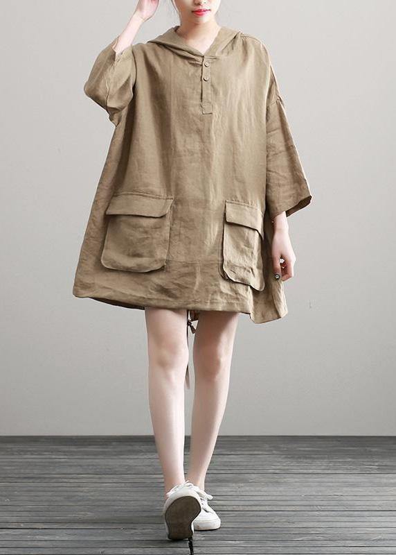 Handmade Summer Khaki Linen Dresses Hoodie Dress