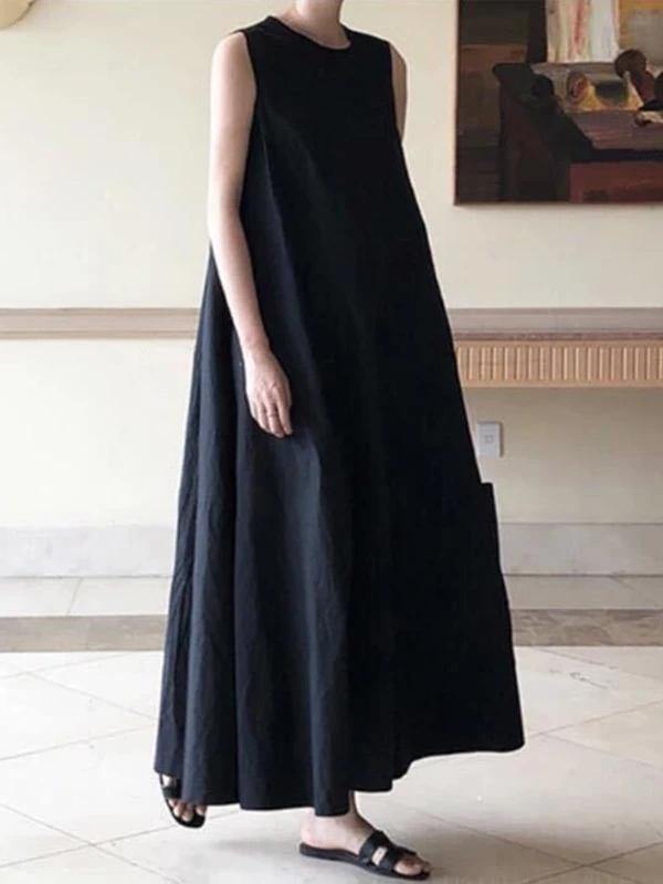 Handmade black linen dresses o neck sleeveless cotton robes summer Dresses