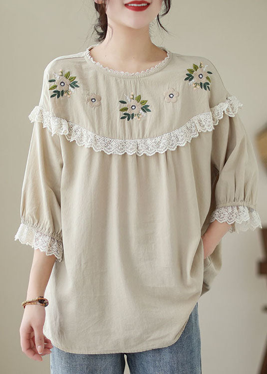 Italian Beige Lace Embroidered Patchwork Cotton T-Shirt Summer