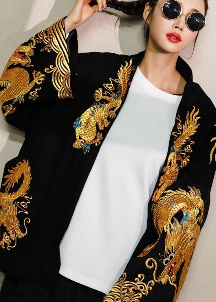 Trendy Gold Printed Dragon Oversized Cotton Cardigan Jacket