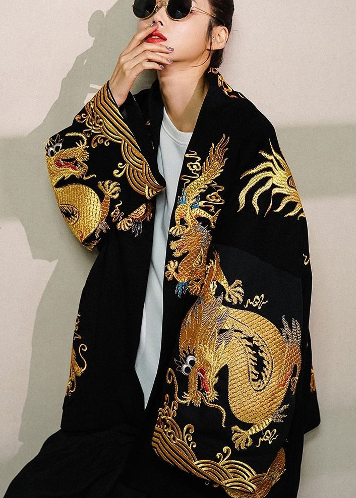 Trendy Gold Printed Dragon Oversized Cotton Cardigan Jacket