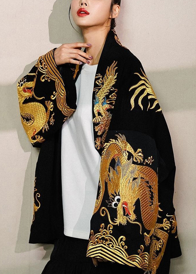 Trendy Gold Printed Dragon Oversized Cotton Cardigan Jacket