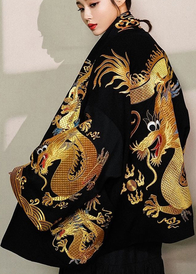 Trendy Gold Printed Dragon Oversized Cotton Cardigan Jacket