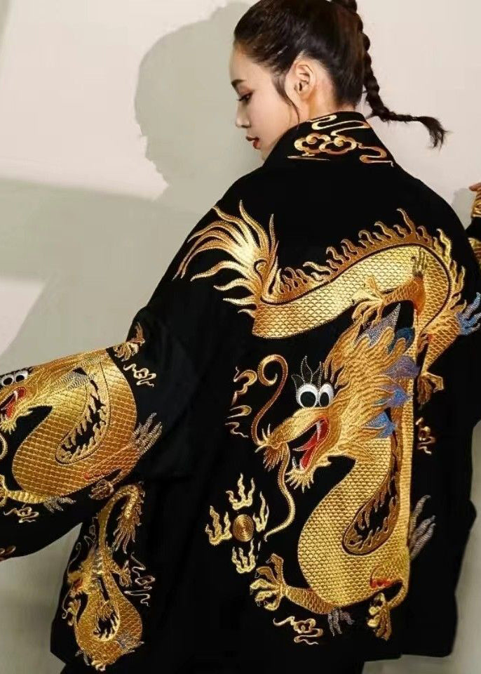 Trendy Gold Printed Dragon Oversized Cotton Cardigan Jacket