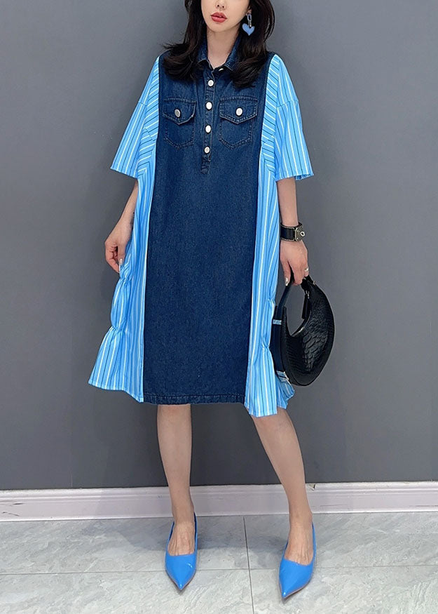 Summer Italian Blue Striped Denim Patchwork Cotton Shirt Dress