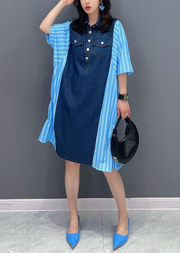 Summer Italian Blue Striped Denim Patchwork Cotton Shirt Dress