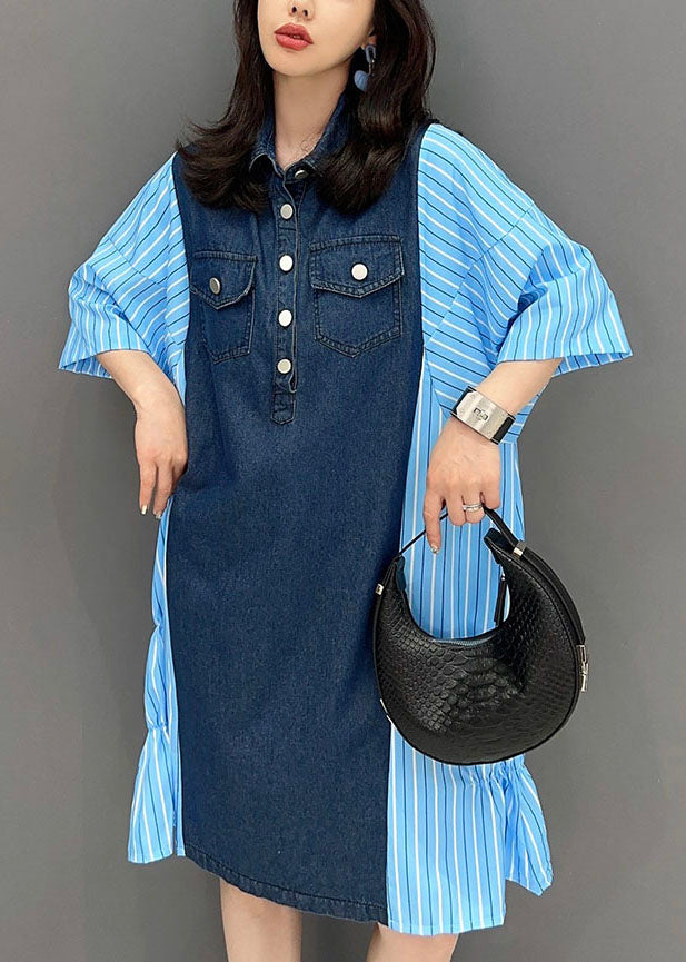 Summer Italian Blue Striped Denim Patchwork Cotton Shirt Dress