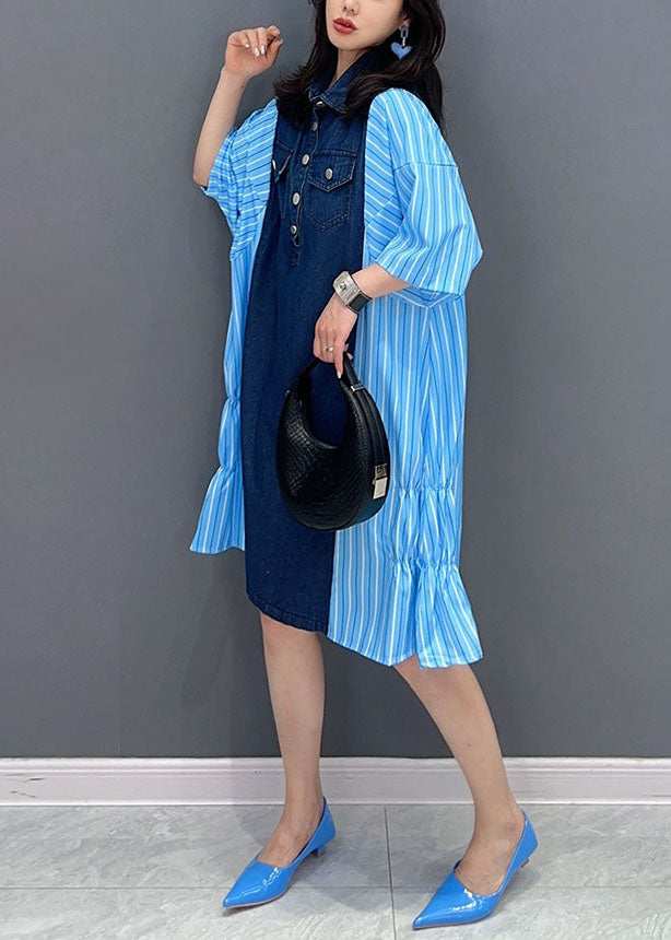 Summer Italian Blue Striped Denim Patchwork Cotton Shirt Dress