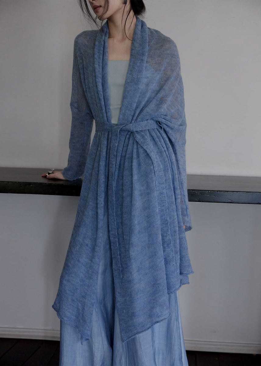 Italian Blue Tie Waist Asymmetrical Woolen Cardigans Fall