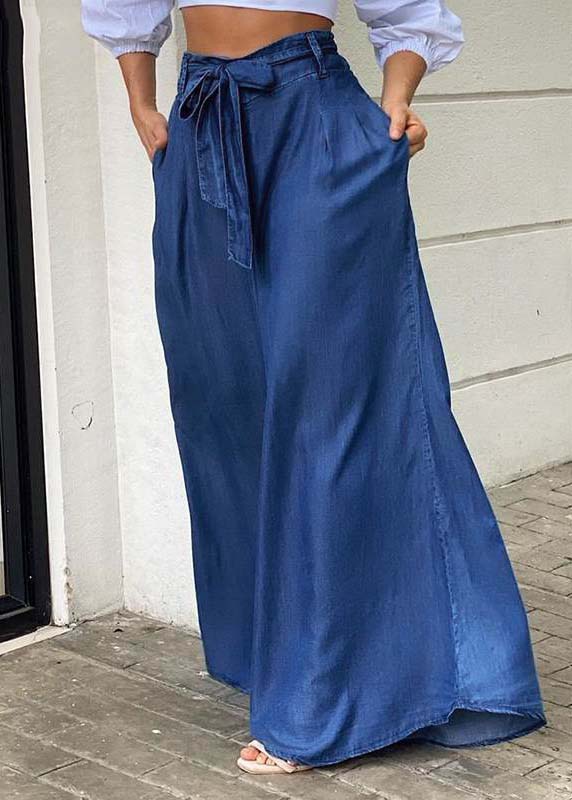 Summer Italian Tie Waist plus size blue denim wide-leg Pants