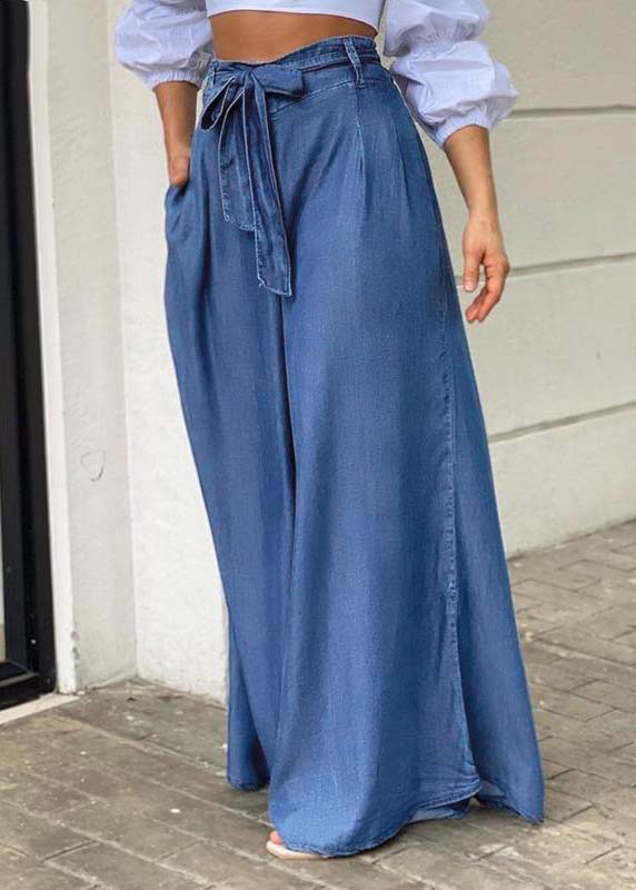 Summer Italian Tie Waist plus size blue denim wide-leg Pants