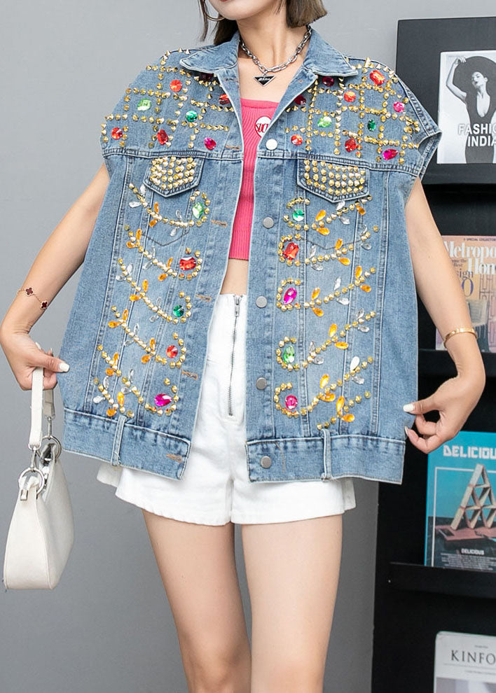 Italian Blue Patchwork Zircon Stud Denim Vest Sleeveless