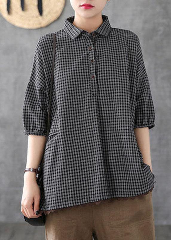 Italian Dark Grey Linen Plaid Summer Patchwork Half Sleeve