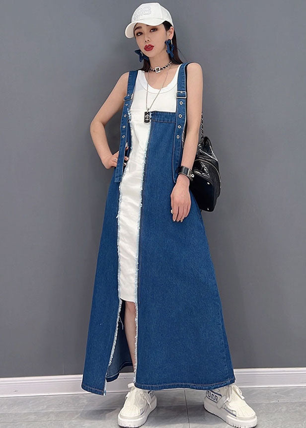 Italian Blue Patchwork Cotton Fake Two-Piece Denim Suspender Dress Summer