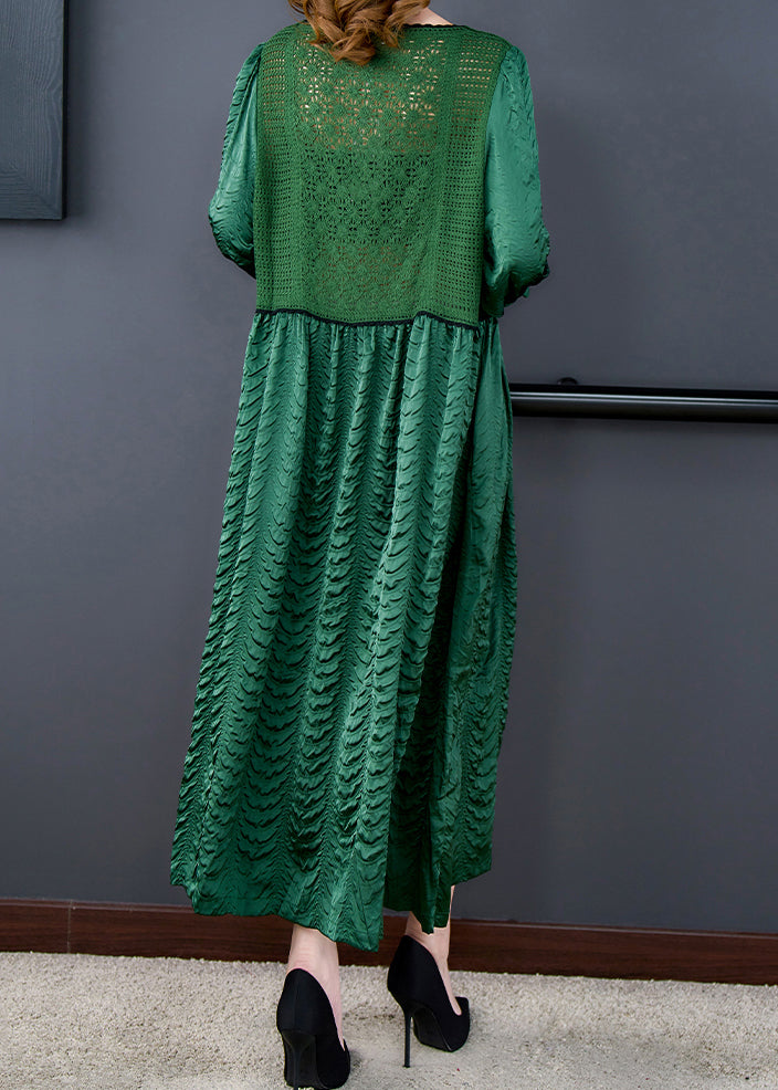 Italian Green Hollow Out Knit Patchwork Silk Long Dresses Fall