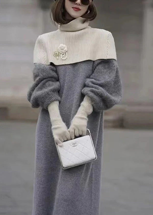 Italian Grey O Neck Sweater Dress Lantern Sleeve