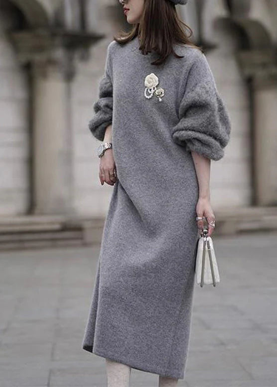 Italian Grey O Neck Sweater Dress Lantern Sleeve