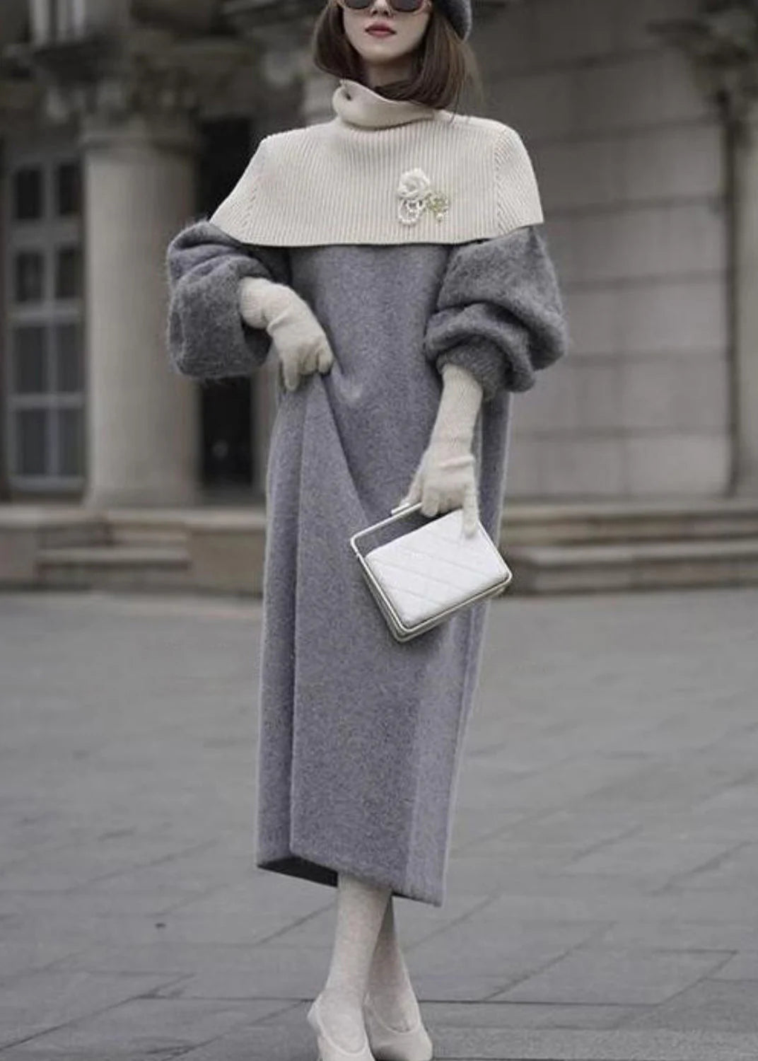 Italian Grey O Neck Sweater Dress Lantern Sleeve