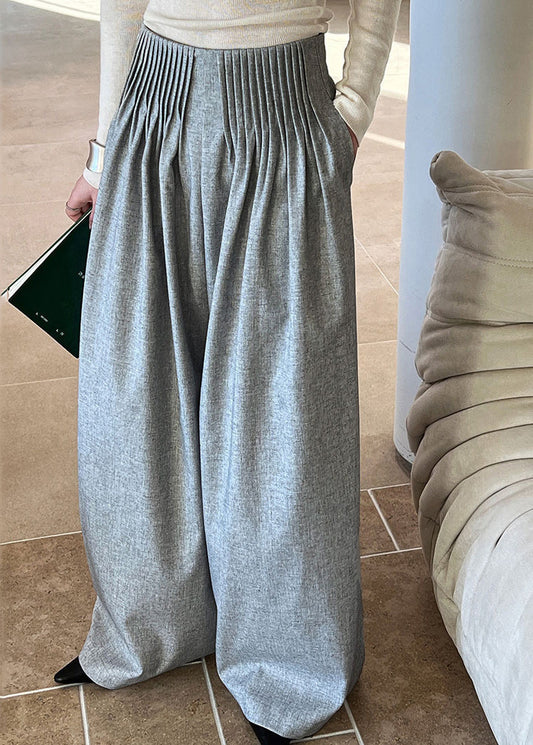 Italian Grey Pockets Wrinkled Wide Leg Pants Fall