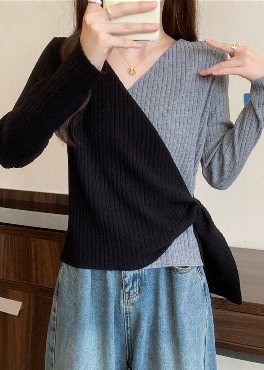 Italian Grey V Neck Asymmetrical Cross Strap Knit Top Fall