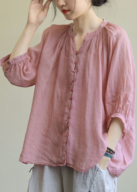 Italian Pink V-Neck Button Loose Half Sleeve Shirt Top Fall