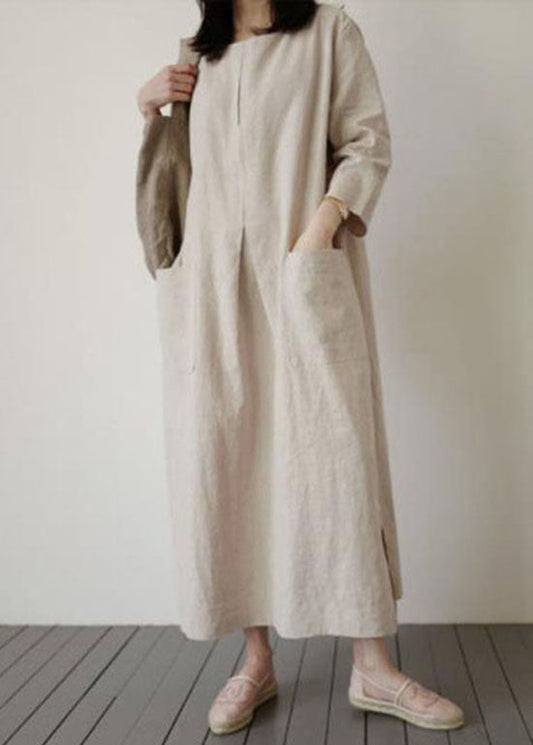 Italian Beige Cinched side open Linen Robe Dresses Spring