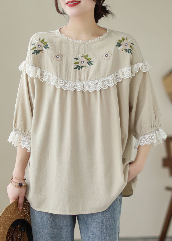 Italian Beige Lace Embroidered Patchwork Cotton T-Shirt Summer