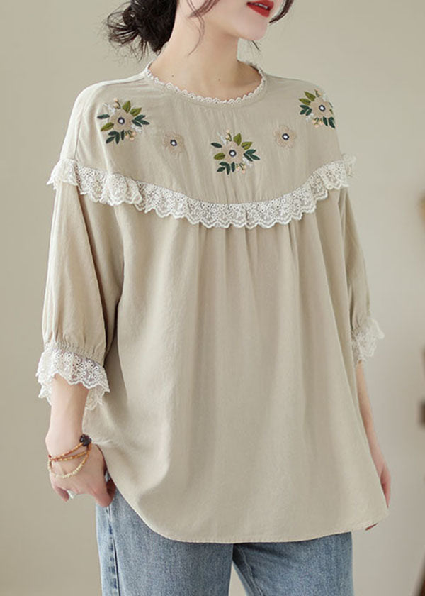 Italian Beige Lace Embroidered Patchwork Cotton T-Shirt Summer