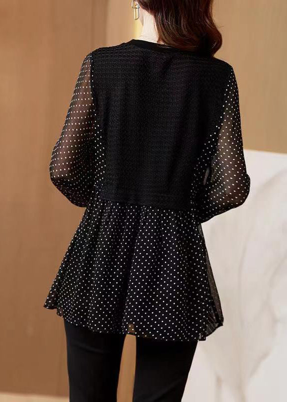 Italian Black O Neck Dot Print Patchwork Chiffon Shirt Fall